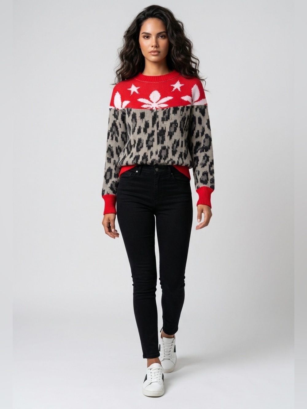 Red and Gray Patterned Women's Sweater - Casual Knit Pullover . Made in Italy